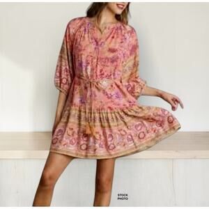 Umgee Floral Dress 3/4 Puff Sleeve Tassel Tie Belt Boho Summer Pink Peach Size L